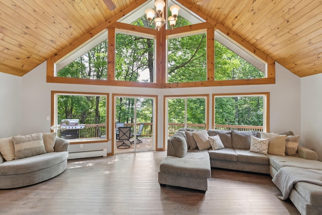 2288 W River Rd, Sidney, ME 04330 - living room featuring baseboard heating, high vaulted ceiling, hardwood / wood-style flooring, and wooden ceiling