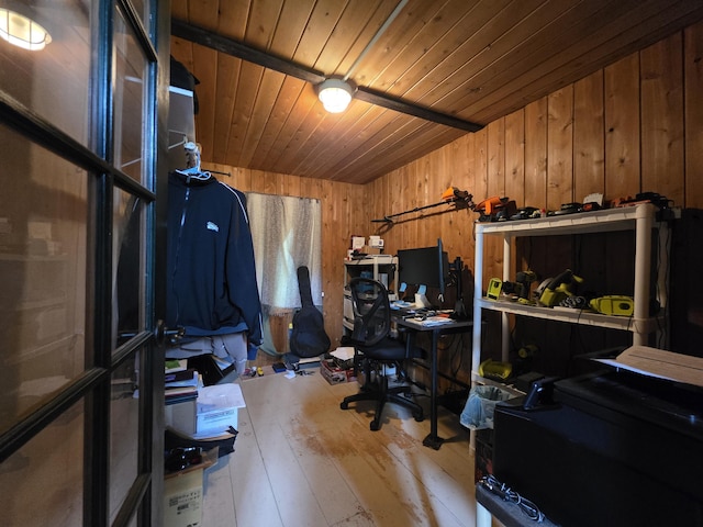 17 Cross St, Kingman Twp, ME 04451 - office featuring wood walls, wooden ceiling, and hardwood / wood-style floors