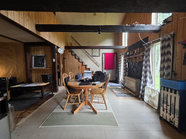 17 Cross St, Kingman Twp, ME 04451 - dining room with wood walls and stairs