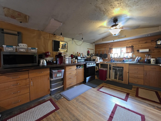17 Cross St, Kingman Twp, ME 04451 - kitchen with stainless steel appliances, light wood-type flooring, lofted ceiling, dark countertops, and a ceiling fan