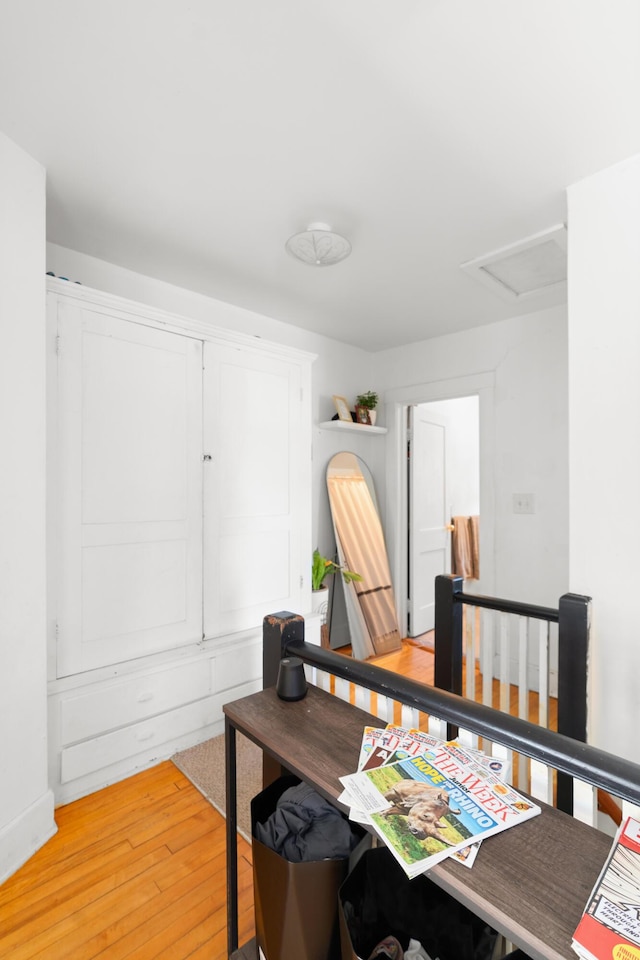 46 Meadow Way, Bath, ME 04530 - office area featuring light wood-type flooring and attic access
