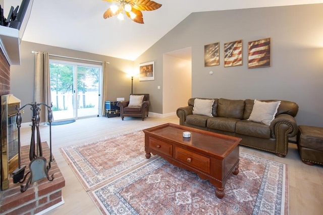 106 Sunset Bay Dr, Steuben, ME 04680 - living room featuring ceiling fan, lofted ceiling, and light wood finished floors