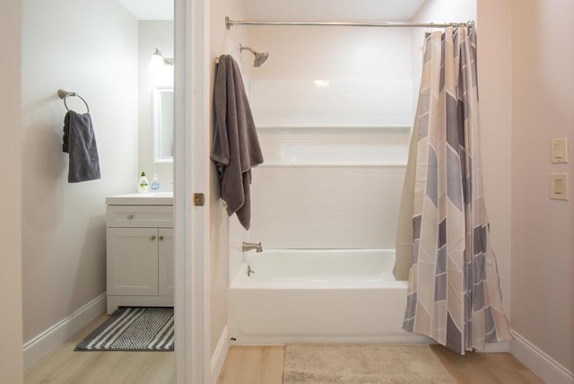 106 Sunset Bay Dr, Steuben, ME 04680 - full bathroom with shower / bath combination with curtain, vanity, and wood finished floors