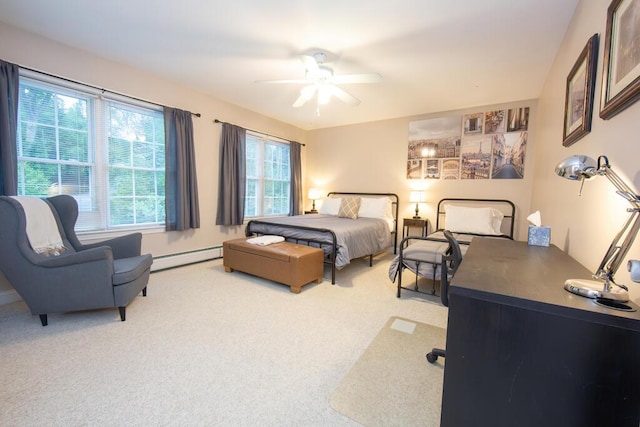 106 Sunset Bay Dr, Steuben, ME 04680 - bedroom featuring carpet flooring, multiple windows, baseboard heating, and ceiling fan