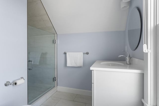 38 Atlantic Ave, Boothbay Harbor, ME 04538 - full bath featuring vanity, a shower stall, and tile patterned flooring