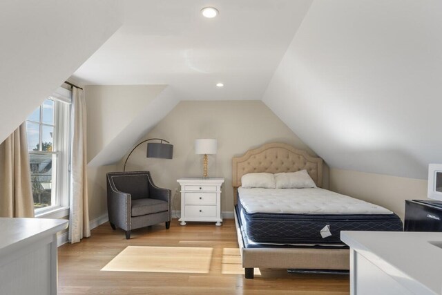 38 Atlantic Ave, Boothbay Harbor, ME 04538 - bedroom featuring light wood finished floors, lofted ceiling, and recessed lighting
