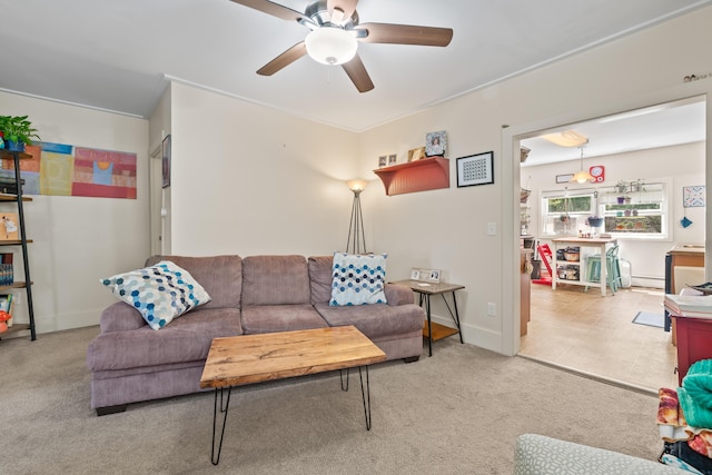 47 Fall Brook St, Portland, ME 04103 - living room with ceiling fan, carpet, and a baseboard radiator