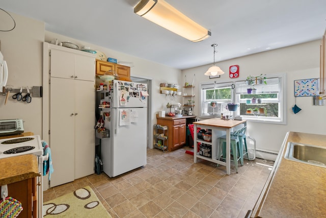 47 Fall Brook St, Portland, ME 04103 - kitchen with white appliances, open shelves, decorative light fixtures, and light countertops