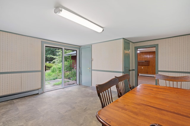 219 Mouse Ln, Alfred, ME 04002 - dining area with baseboard heating, wallpapered walls, and crown molding