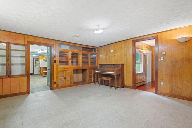 219 Mouse Ln, Alfred, ME 04002 - living room with wood walls, baseboard heating, and a textured ceiling