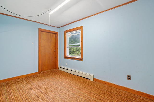 219 Mouse Ln, Alfred, ME 04002 - unfurnished room with a baseboard radiator, light colored carpet, and ornamental molding