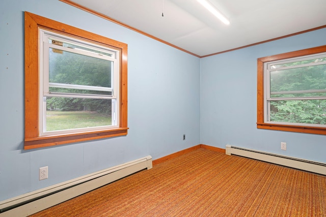 219 Mouse Ln, Alfred, ME 04002 - spare room featuring a baseboard heating unit, carpet, and ornamental molding