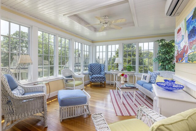 78 Seashore Ave, Portland, ME 04108 - sunroom with a wall mounted air conditioner, plenty of natural light, hardwood / wood-style flooring, and crown molding