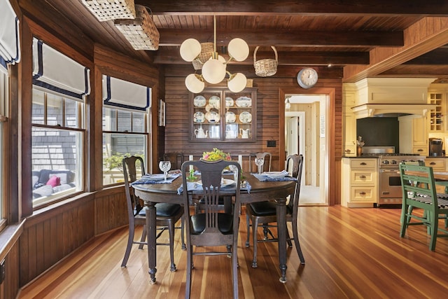 78 Seashore Ave, Portland, ME 04108 - dining room with wood walls, a wood ceiling with exposed beams, light wood-style floors, and a chandelier