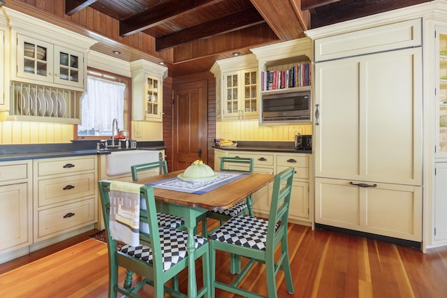 78 Seashore Ave, Portland, ME 04108 - dining room with a wooden ceiling with exposed beams and light wood-style flooring