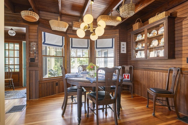 78 Seashore Ave, Portland, ME 04108 - dining space featuring wood walls, a wooden ceiling with exposed beams, light wood finished floors, and a chandelier