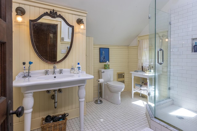 78 Seashore Ave, Portland, ME 04108 - full bath featuring lofted ceiling, a stall shower, and tile patterned floors