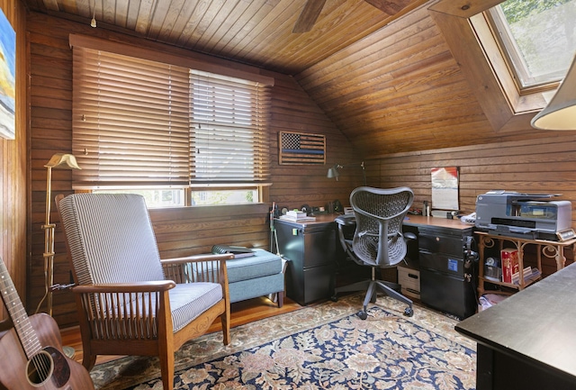 78 Seashore Ave, Portland, ME 04108 - home office with wooden walls, wooden ceiling, and lofted ceiling
