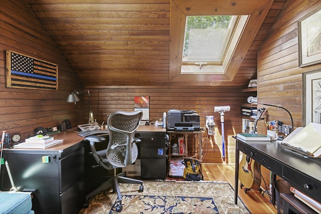 78 Seashore Ave, Portland, ME 04108 - office area with vaulted ceiling, a skylight, wood finished floors, wooden walls, and wood ceiling