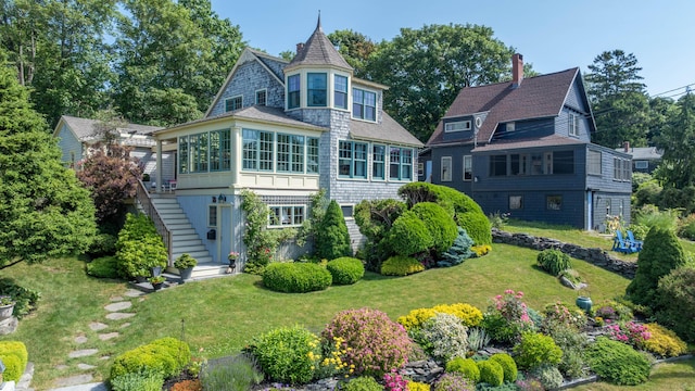 78 Seashore Ave, Portland, ME 04108 - back of house with stairs, a yard, and a sunroom
