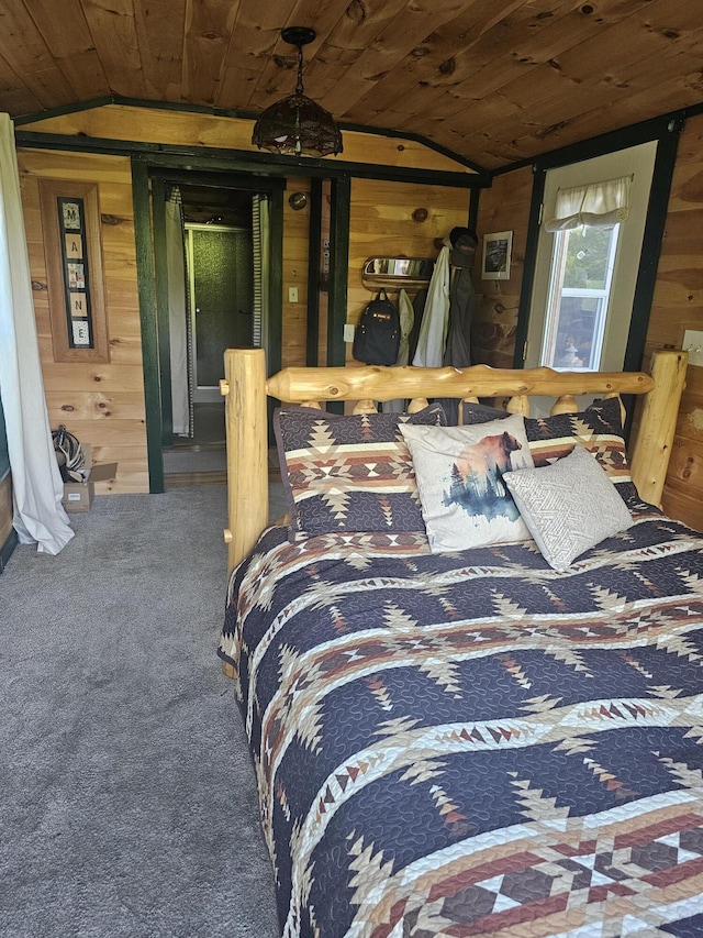 210 Cobb Rd, Lee, ME 04455 - bedroom featuring wooden walls, carpet flooring, lofted ceiling, and wood ceiling
