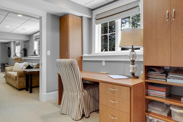 10 Paddock Way, Falmouth, ME 04105 - office area featuring light colored carpet, plenty of natural light, built in desk, and recessed lighting