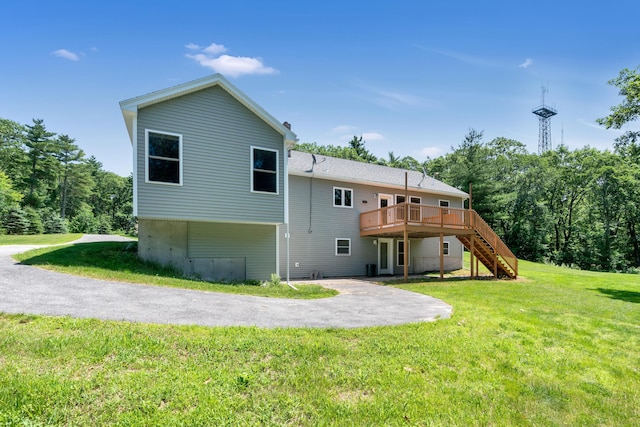 21 Cummings Way, Falmouth, ME 04105 - back of house with stairway, a wooden deck, a yard, and a patio