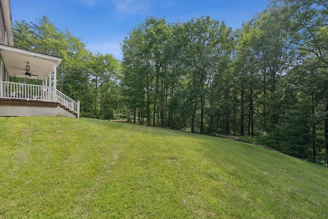 7 Dakota Ln, Dresden, ME 04342 - view of grassy yard with a ceiling fan, stairs, and a forest view