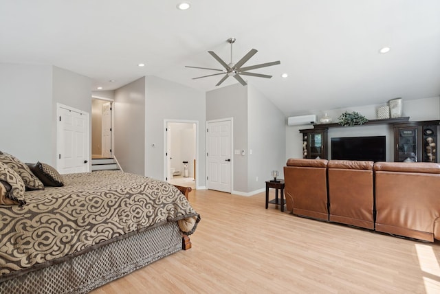 7 Dakota Ln, Dresden, ME 04342 - bedroom featuring a wall mounted air conditioner, vaulted ceiling, light wood-style flooring, recessed lighting, and ceiling fan