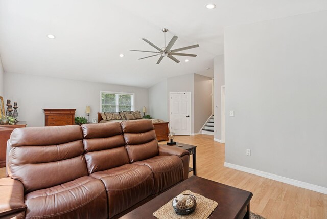 7 Dakota Ln, Dresden, ME 04342 - living room featuring ceiling fan, recessed lighting, stairs, vaulted ceiling, and light wood-type flooring