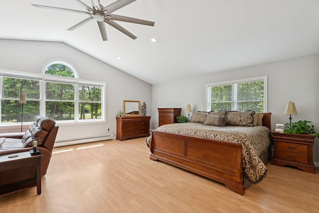 7 Dakota Ln, Dresden, ME 04342 - bedroom featuring lofted ceiling, light wood finished floors, a baseboard radiator, a ceiling fan, and recessed lighting