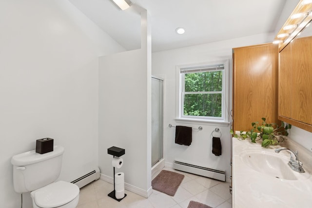 7 Dakota Ln, Dresden, ME 04342 - full bathroom featuring a baseboard heating unit, a shower with shower door, and vanity