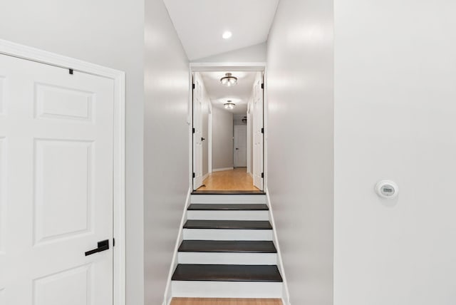 7 Dakota Ln, Dresden, ME 04342 - stairway with wood finished floors, lofted ceiling, and recessed lighting
