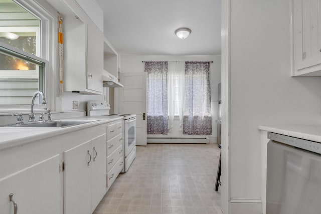 15 Snow Park, Bath, ME 04530 - kitchen with white electric range oven, stainless steel dishwasher, under cabinet range hood, baseboard heating, and light countertops