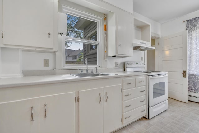 15 Snow Park, Bath, ME 04530 - kitchen featuring white range with electric cooktop, under cabinet range hood, light countertops, and white cabinetry