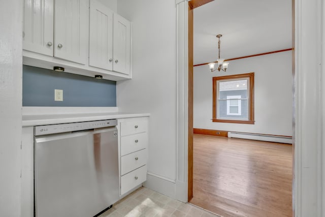 15 Snow Park, Bath, ME 04530 - kitchen with stainless steel dishwasher, a baseboard radiator, a chandelier, white cabinets, and ornamental molding