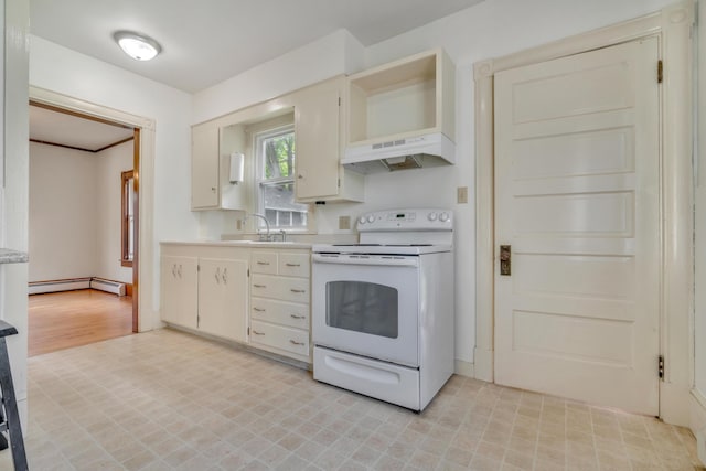 15 Snow Park, Bath, ME 04530 - kitchen featuring white electric stove, premium range hood, light countertops, and light flooring