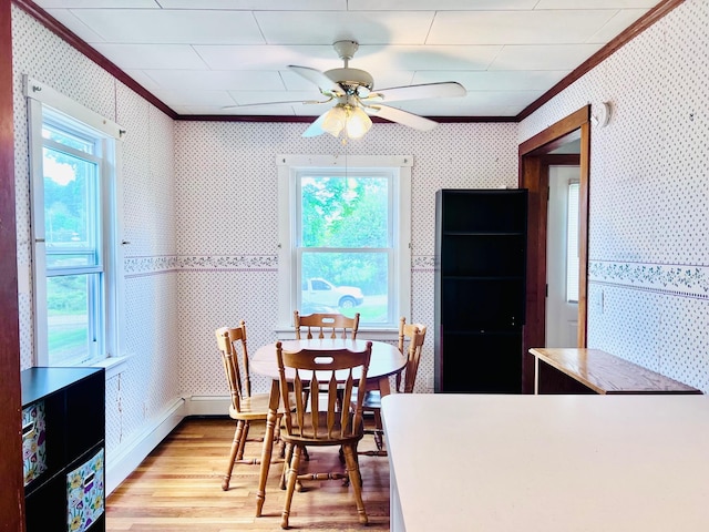 17 Pleasant St, Wilton, ME 04294 - dining room featuring crown molding, wallpapered walls, light wood-style flooring, and a ceiling fan