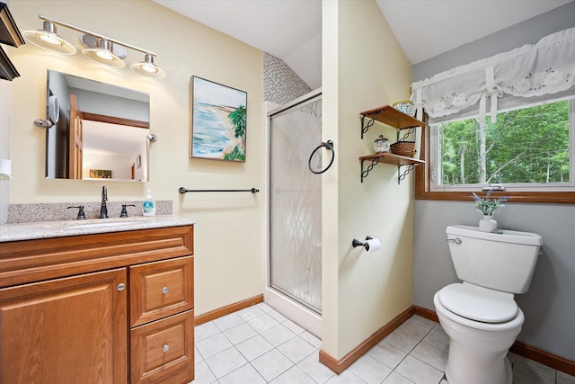 100 Starlight Dr, Brewer, ME 04412 - full bath featuring a stall shower, vanity, tile patterned flooring, and lofted ceiling