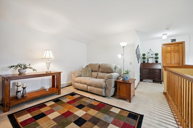 100 Starlight Dr, Brewer, ME 04412 - living area featuring light carpet, vaulted ceiling, and baseboard heating