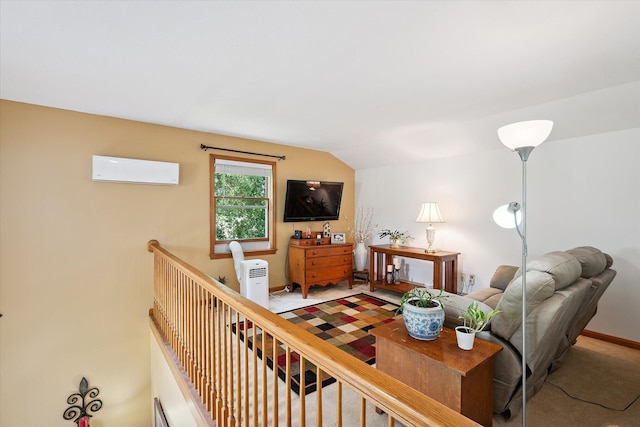 100 Starlight Dr, Brewer, ME 04412 - living area featuring lofted ceiling, light carpet, and a wall mounted air conditioner
