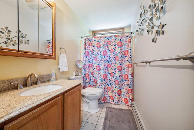100 Starlight Dr, Brewer, ME 04412 - bathroom with tile patterned floors, vanity, a shower with curtain, and a baseboard heating unit