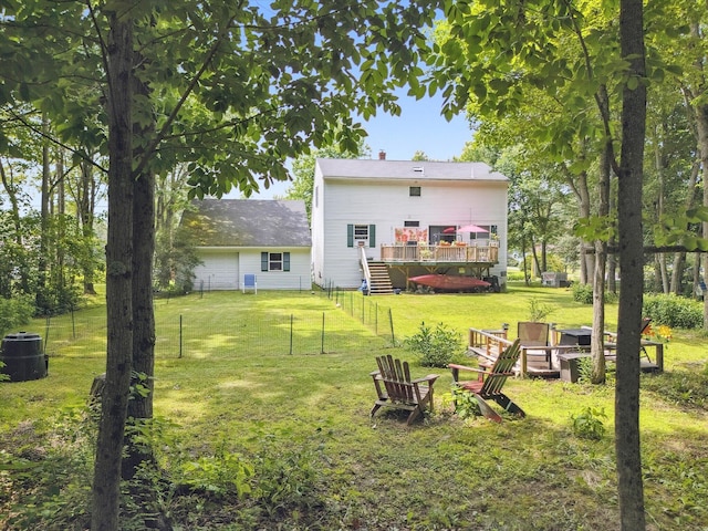 100 Starlight Dr, Brewer, ME 04412 - view of yard featuring a deck, an outdoor fire pit, and stairway