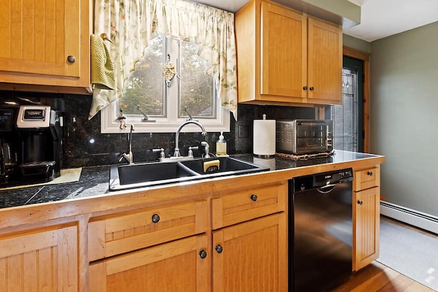 1 Castle View Ln, Belgrade, ME 04917 - kitchen featuring black dishwasher, tasteful backsplash, a baseboard radiator, and light brown cabinets