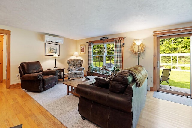 1 Castle View Ln, Belgrade, ME 04917 - living area featuring a wall unit AC, light wood-style floors, and a baseboard heating unit