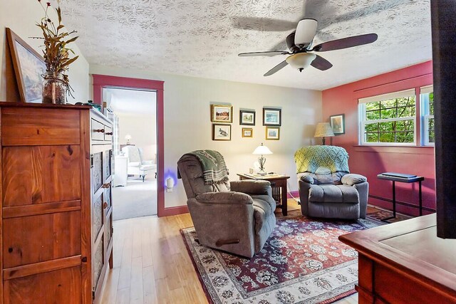 1 Castle View Ln, Belgrade, ME 04917 - living area with light wood finished floors, ceiling fan, and a textured ceiling