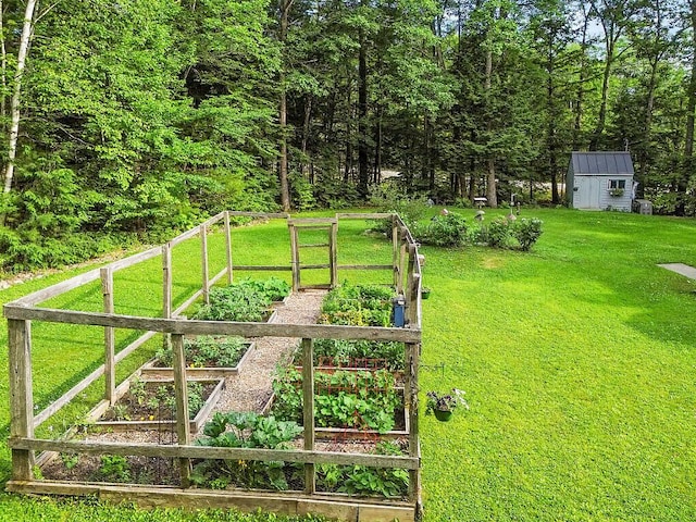 1 Castle View Ln, Belgrade, ME 04917 - view of grassy yard featuring a garden, a shed, and a view of trees