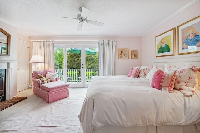 239 Sea Rd Unit 32, Kennebunk, ME 04043 - bedroom with crown molding, french doors, access to exterior, carpet floors, and a ceiling fan