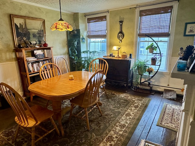21 Wilson St, Eastport, ME 04631 - dining area featuring wood-type flooring, a textured ceiling, plenty of natural light, wainscoting, and ornamental molding