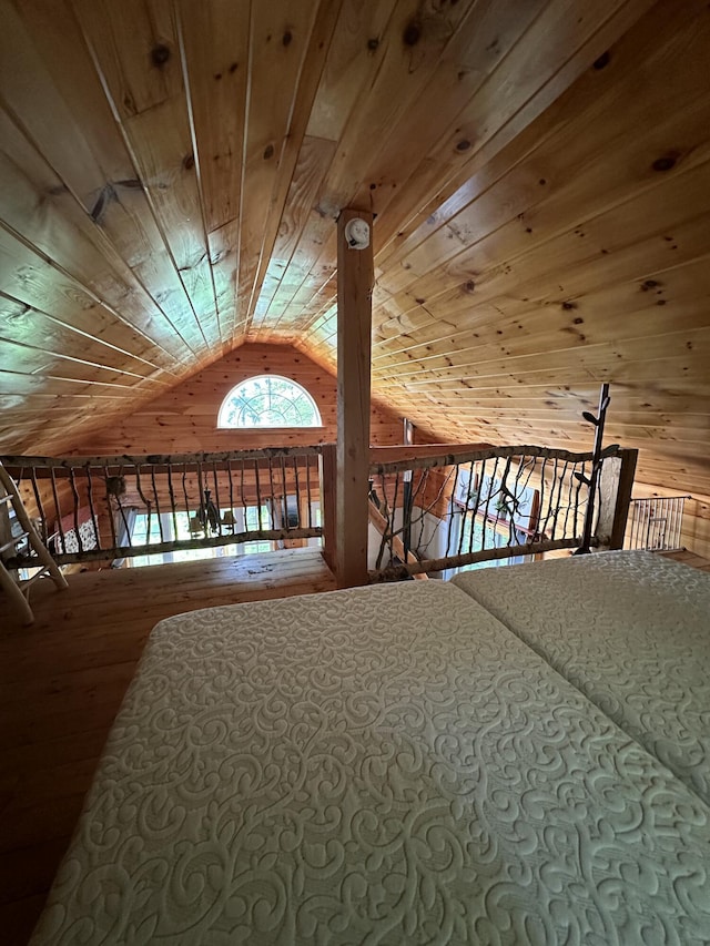 322 Lamb Rd, Roxbury, ME 04275 - unfurnished bedroom featuring wood ceiling, lofted ceiling, and wooden walls